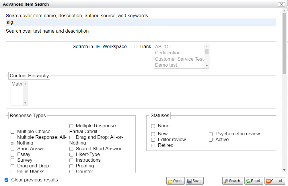 Advanced Item Search Dialog