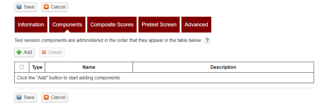 Test Session Information Components Tab