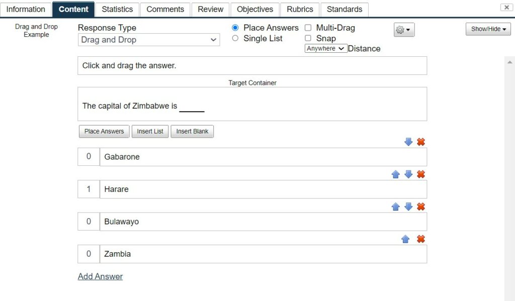 Drag and Drop Place Answers Author View