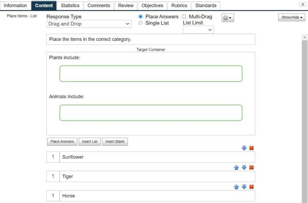 Drag and Drop Place Answers Lists