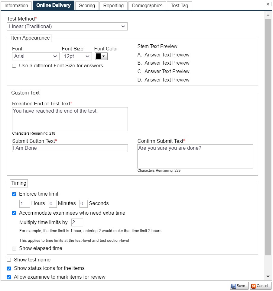 FastTest Online Delivery Tab - Information and Online Delivery Tabs