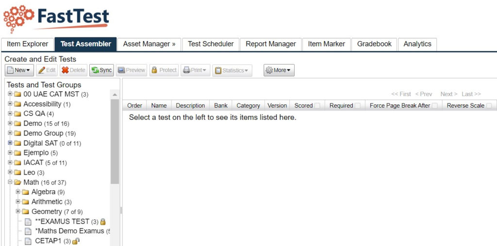 FastTest Test Assembler Tab - Information and Online Delivery Tabs