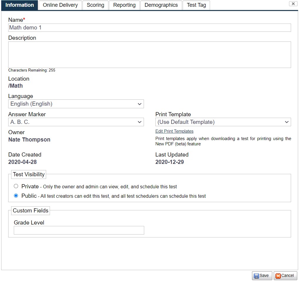 FastTest Test Information - Information and Online Delivery Tabs