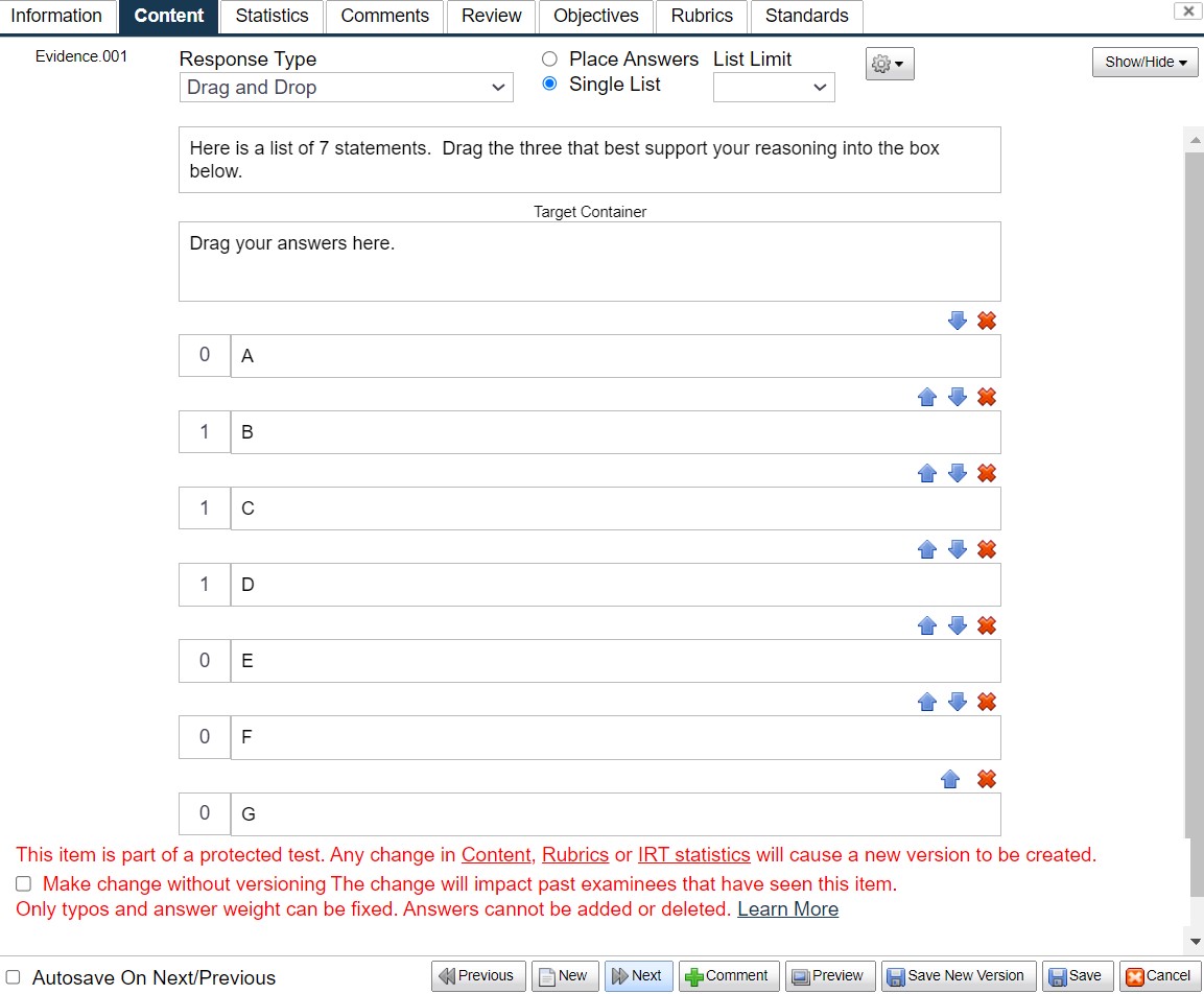 Item - Part of a Protected Test - Deleting Categories and Items