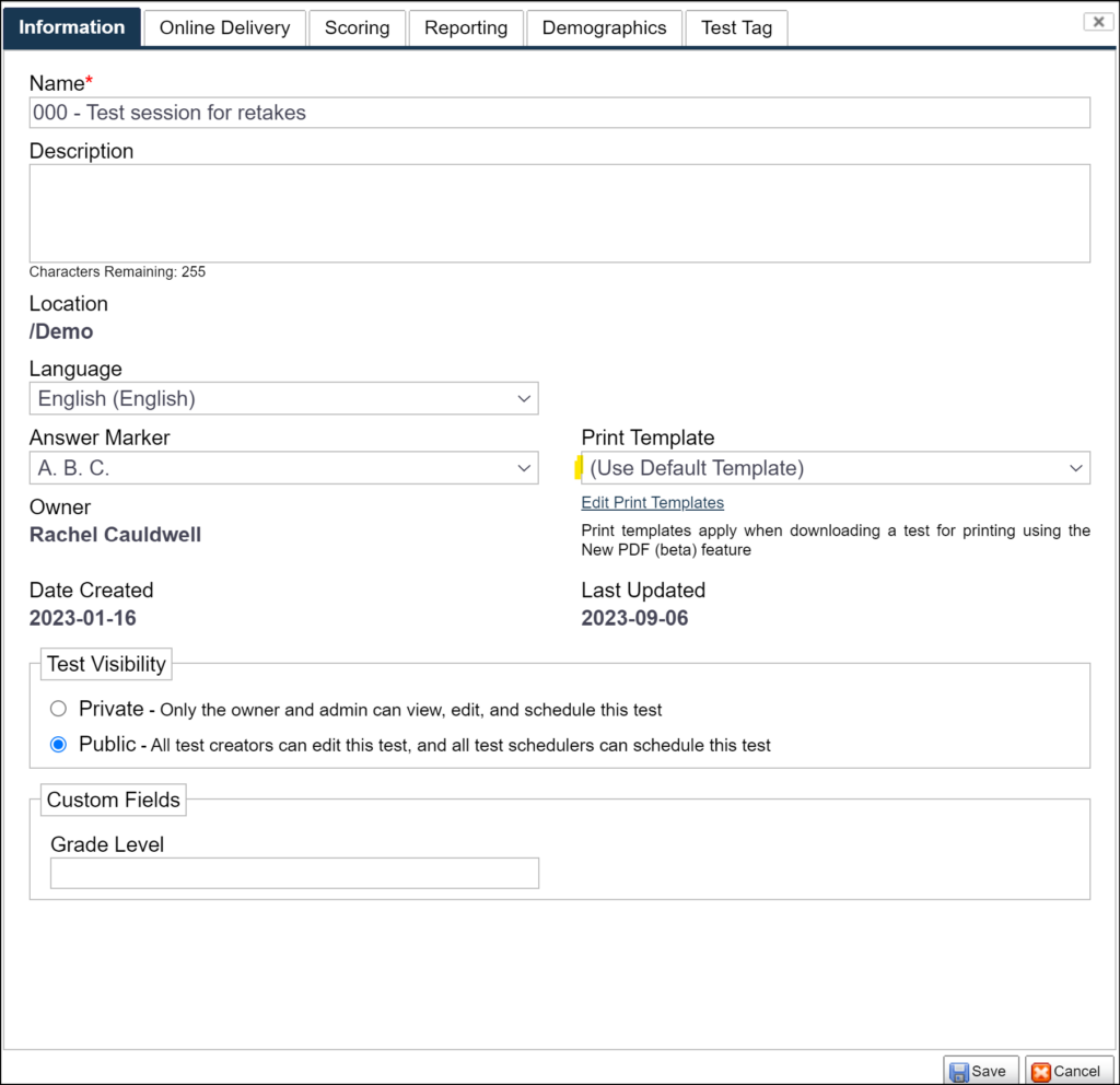 Print Template drop-down - Delivering Paper and Pencil Tests