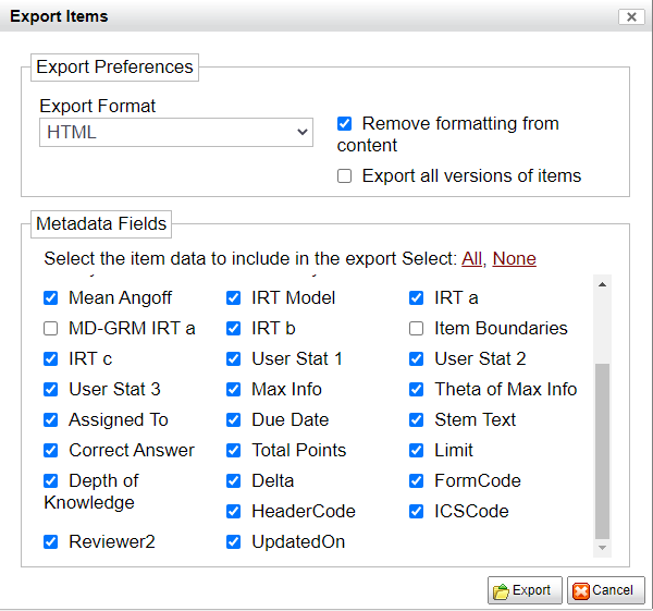 Test Item Export Dialog