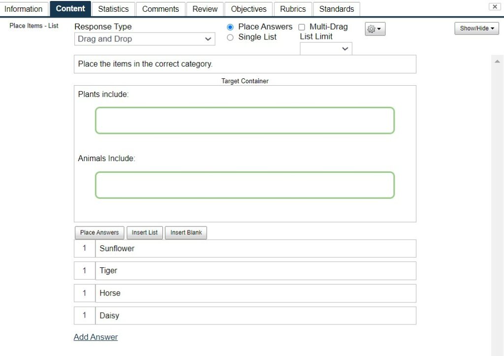 Drag and Drop Item Type - Place Answers - Author View - Overview of Item Types
