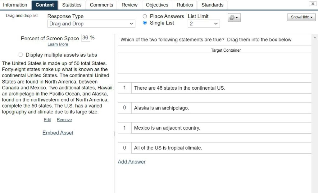 Drag and Drop - Single list - Author View 2 - Overview of Item Types