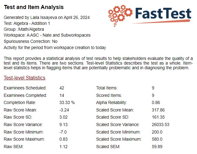 Figure 8.9 Test-level Statistics